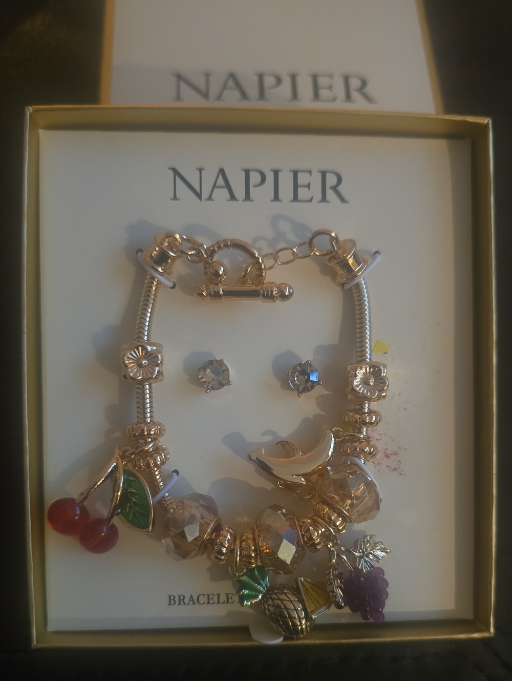 Napier Gold-Tone Fruit Charm Bracelet with Red Cherry & Purple Grape Accents NIB